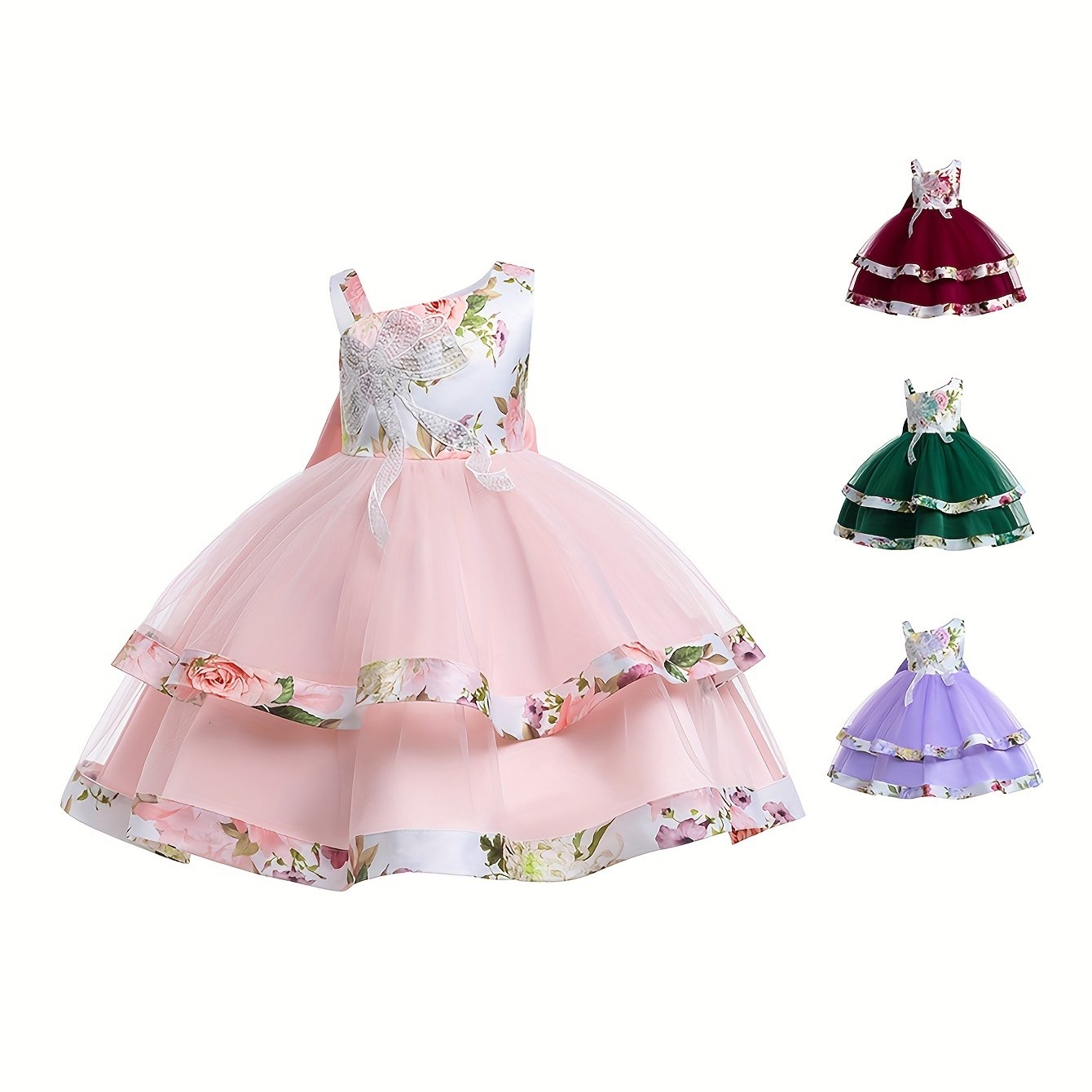 Girls Floral Princess One Shoulder Party Tutu Dress Tulle Wedding Flower Girl