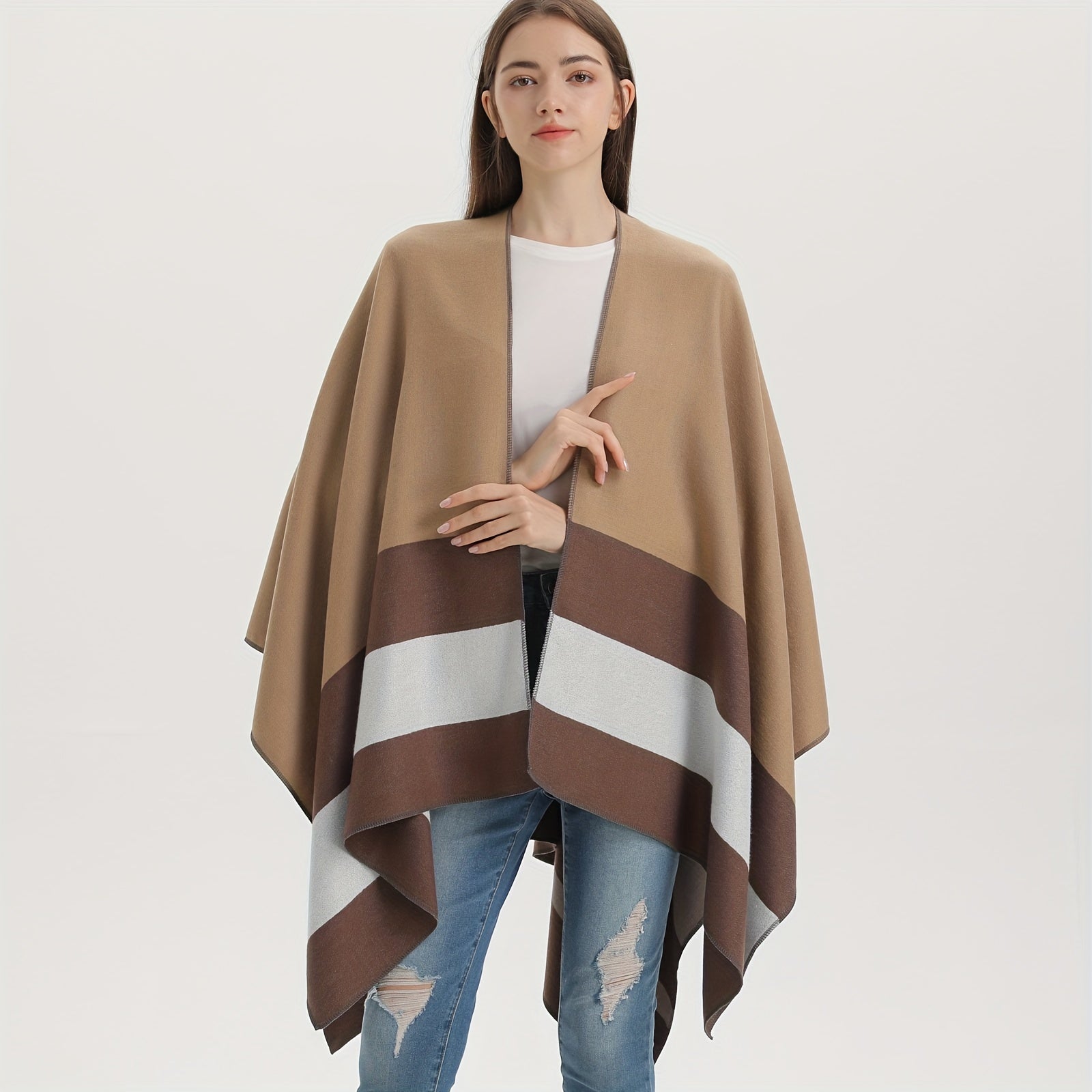 Striped Shawl Wrap Warm Cape Thick Cardigan Blanket Scarf For Women