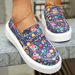 Skull & Flower Print Slip-On Sneakers for Women