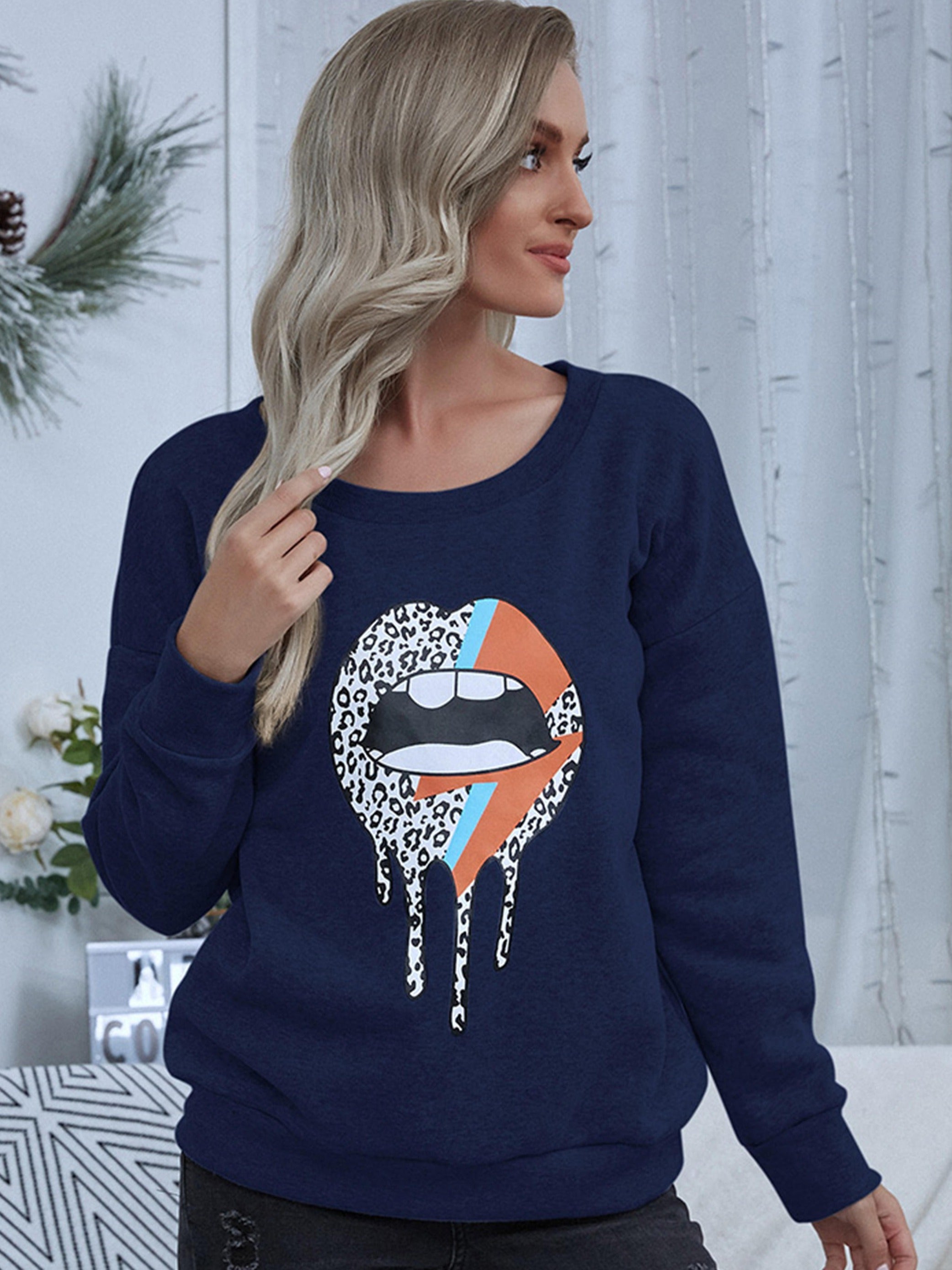 Casual Lip Pattern Print Sweater Crew Neck Top