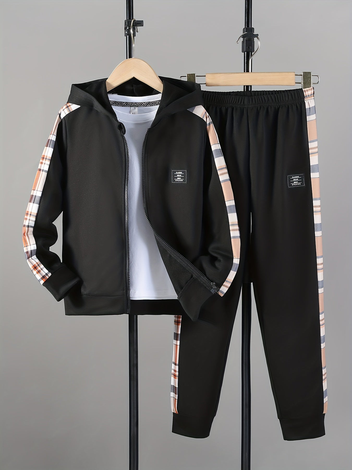 Boy's Stylish Hooded Jacket & Pants Set Zip Up Plaid Patched Outfits