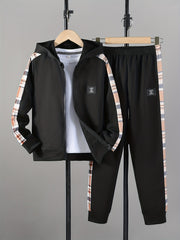 Boy's Stylish Hooded Jacket & Pants Set Zip Up Plaid Patched Outfits