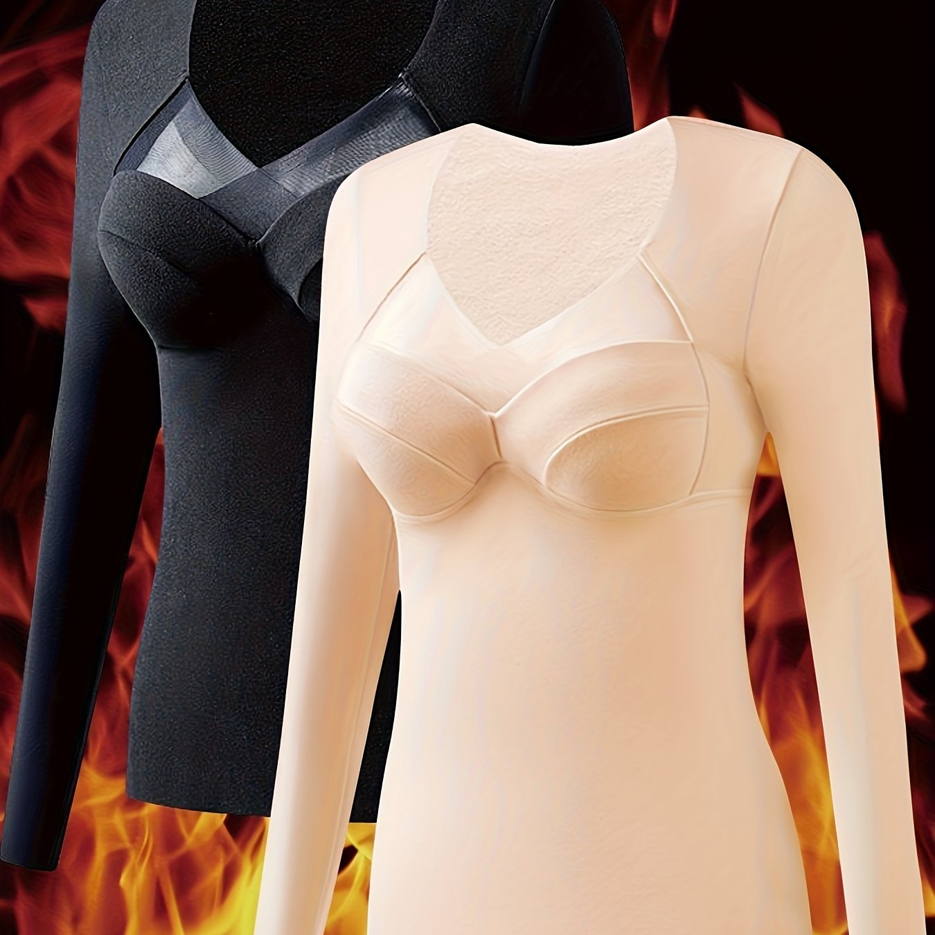 2pcs Contrast Mesh Thermal Tops V Neck Top Women's Lingerie