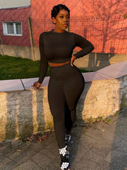 Long Sleeve High Neck Crop Top & Pants Two Piece Set