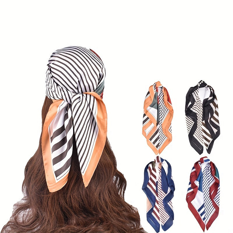 Geometric Stripe Print Bandana Silk Square Scarf Satin Shawl Neckerchief