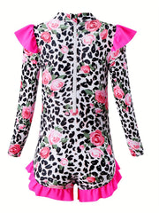 Girls Comfy Sun Protection Leopard Long Sleeve Swimwear
