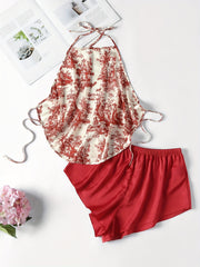 Floral Print Pajama Set Halter Lace Up Top & Shorts