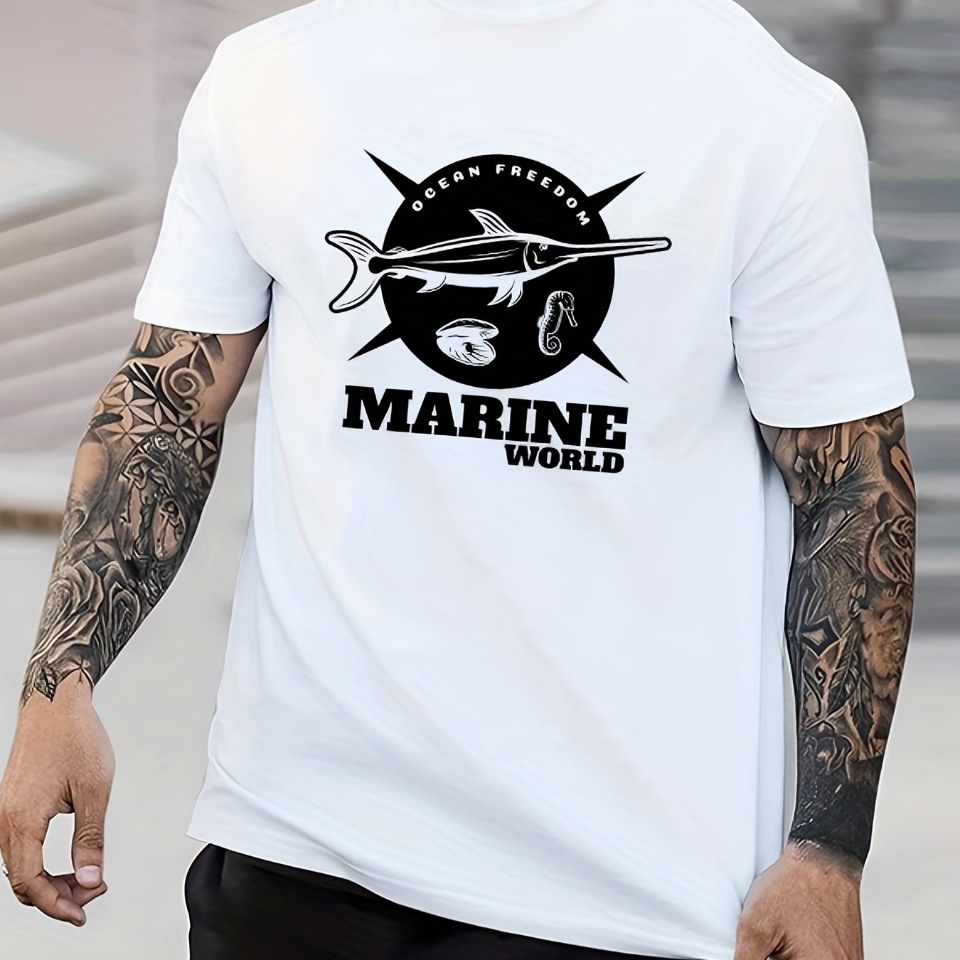 Men's Fish Print Crew Neck Active T-shirt for Summer