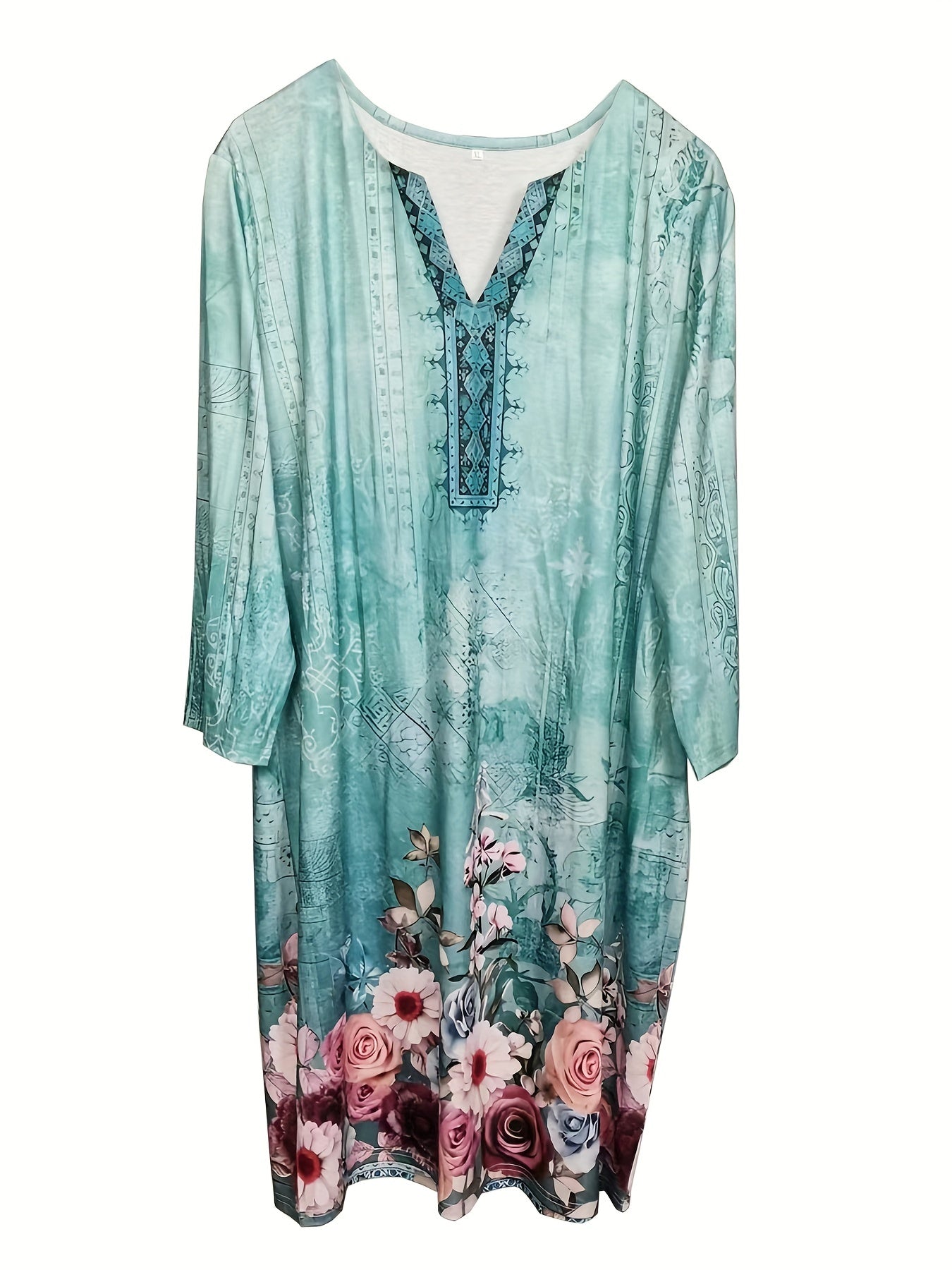 Floral Print Half Sleeve Notched Neck Dress