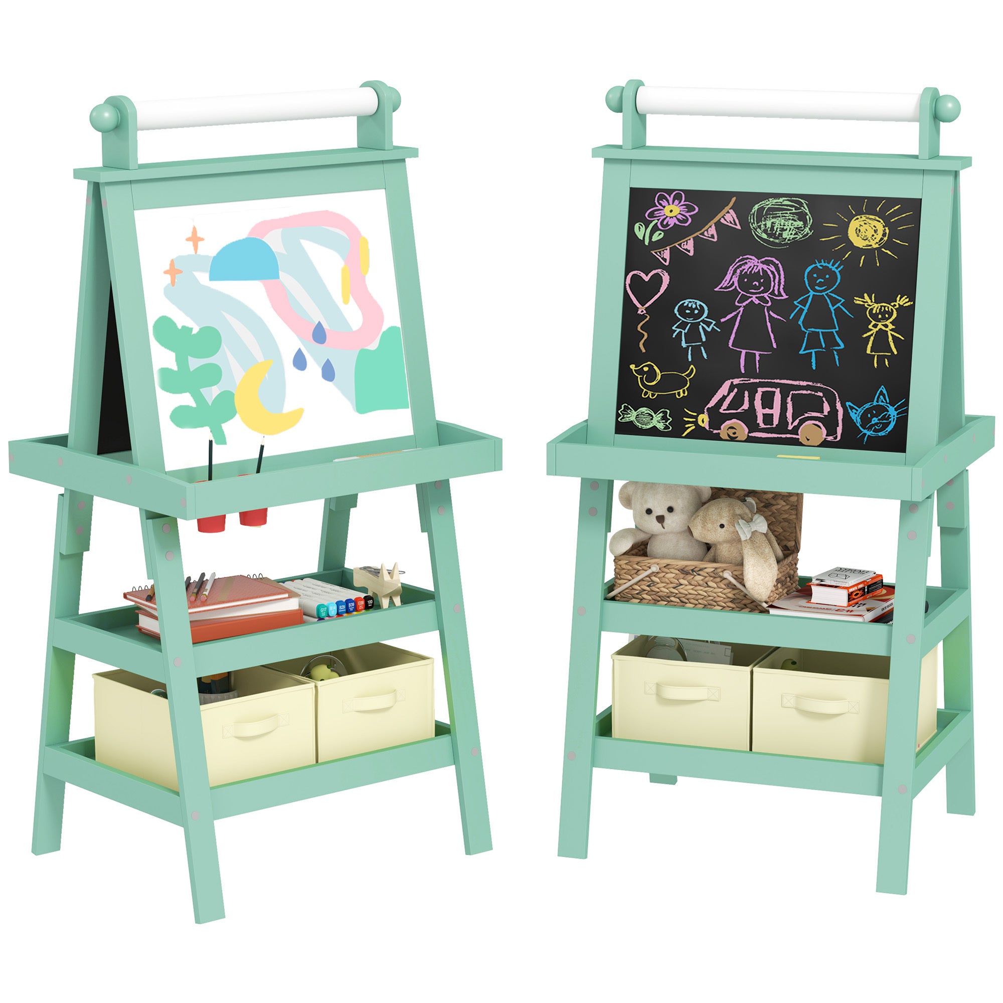 Kids Art Easel with Paper Roll, 3-in-1 Double-Sided Whiteboard & Chalkboard