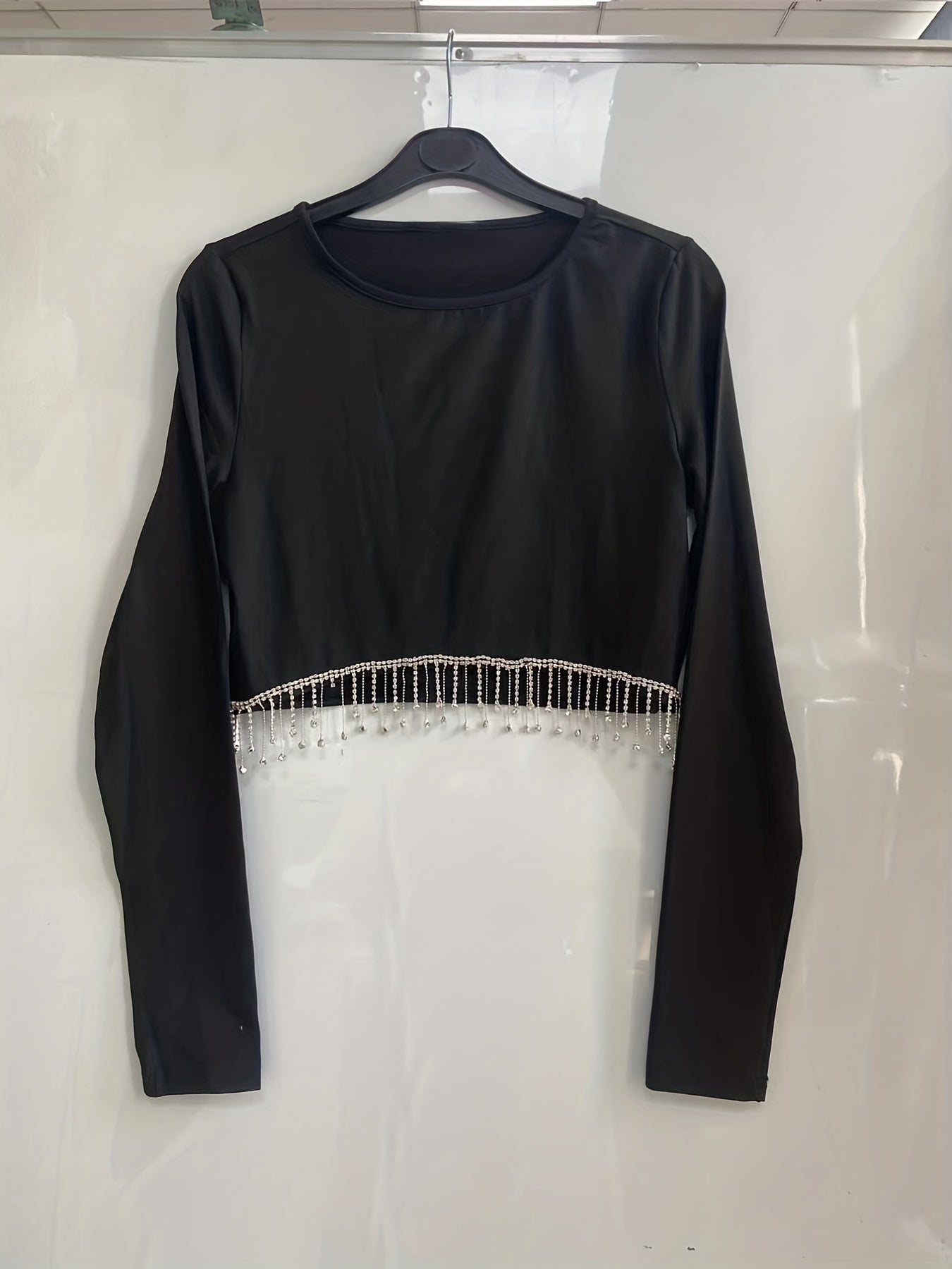 Tassel Two piece Set Crew Neck Long Sleeve Tops & Asymmetrical Skirts