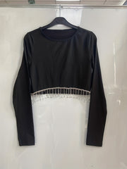 Tassel Two piece Set Crew Neck Long Sleeve Tops & Asymmetrical Skirts