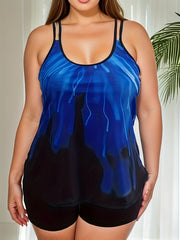 Colorblock Tankini Set with Square Neck Top & Shorts