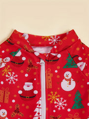 Girls Santa Ruffle Trim Long Sleeve Swimsuit Christmas Gift
