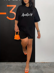 Letter & Heart Print Two piece Set Casual Short Sleeve T shirt & Biker Shorts