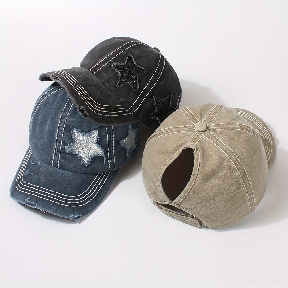 Glitter Star Ripped Baseball Cap Ponytail Washed Distressed Dad Hat