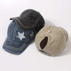 Glitter Star Ripped Baseball Cap Ponytail Washed Distressed Dad Hat