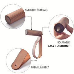 Wooden Hook w/ PU Leather Strap Wall Hook Coat Hanger
