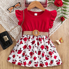 Girls Floral Print Belted Dress Flutter Sleeve Fancy Party Costume
