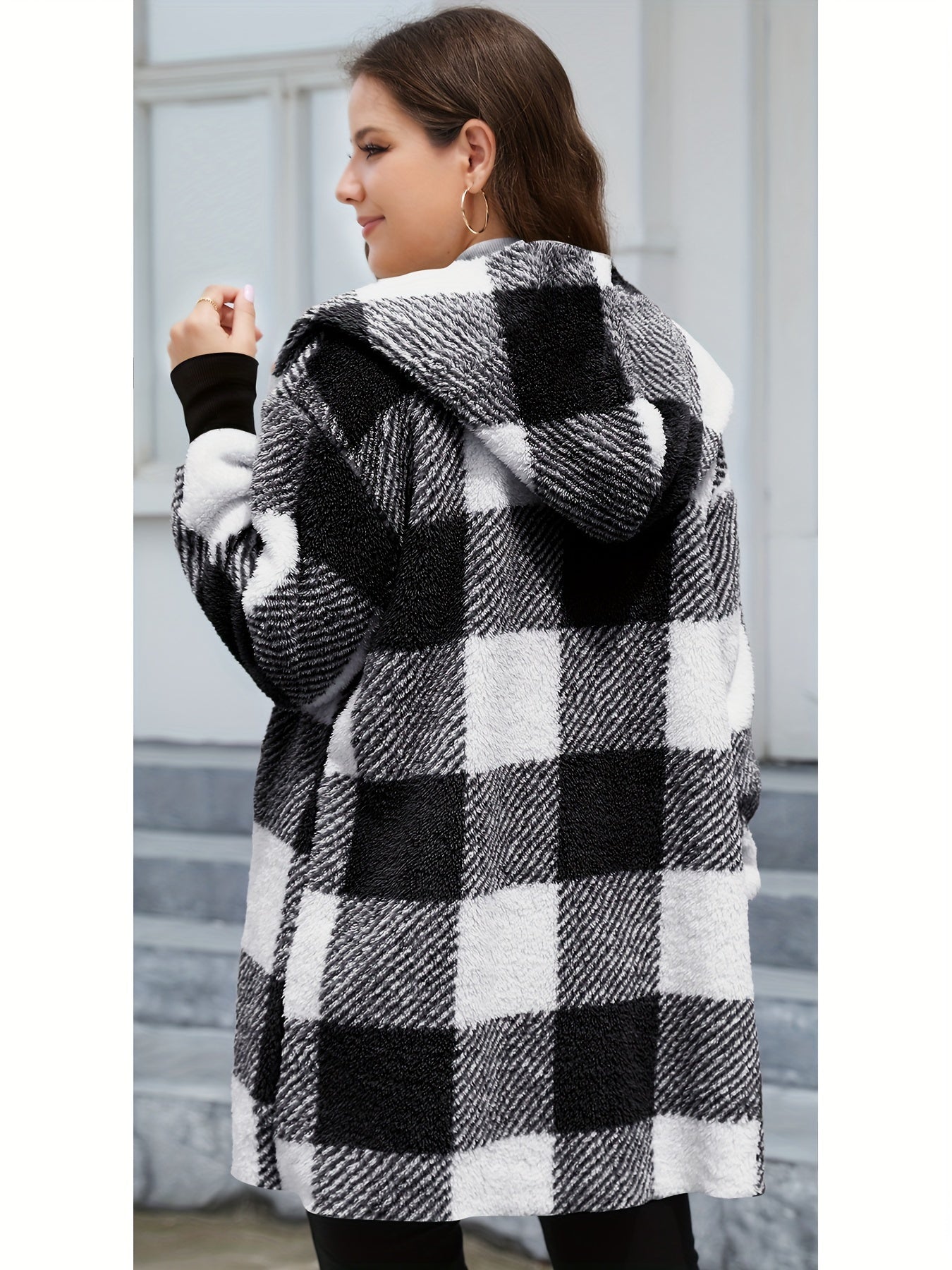 Fleece Plaid Hooded Cardigan Coat for Women