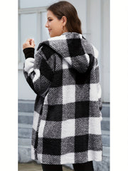 Fleece Plaid Hooded Cardigan Coat for Women