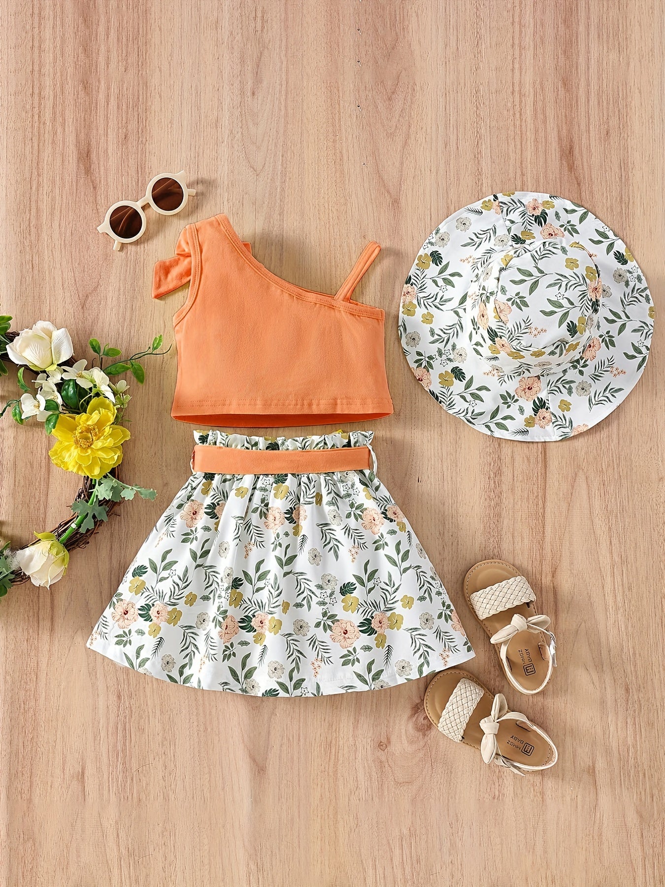 3pcs Toddler Girls Bow Crop Tank Top & Floral Skirt Set for Party