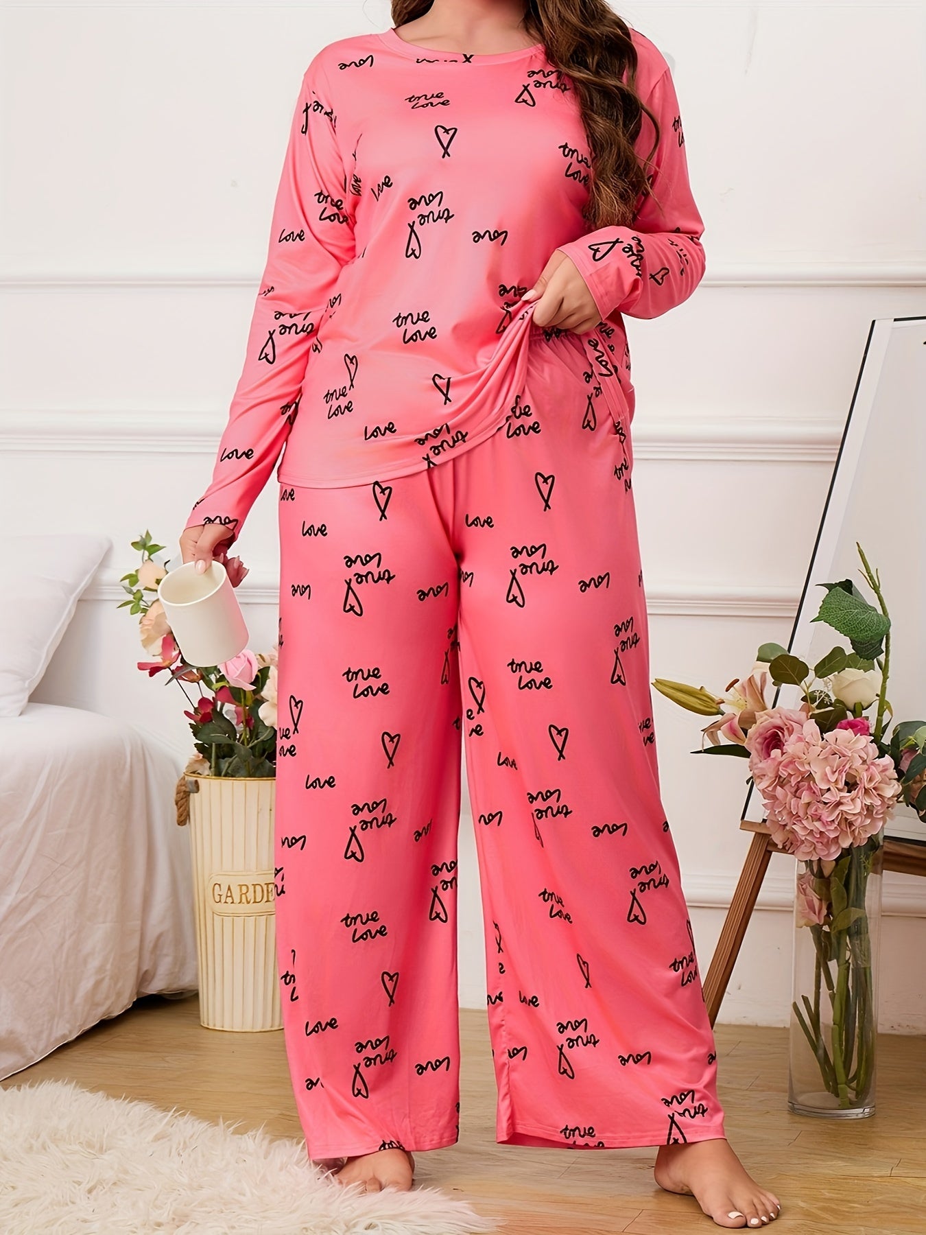 Heart Print Pajama Set Round Neck Top & Pants Two Piece Set