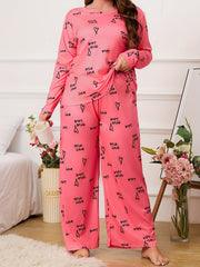 Heart Print Pajama Set Round Neck Top & Pants Two Piece Set