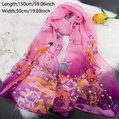 Thin Chiffon Scarf with Chinese Painting Print - Outdoor Head Wrap