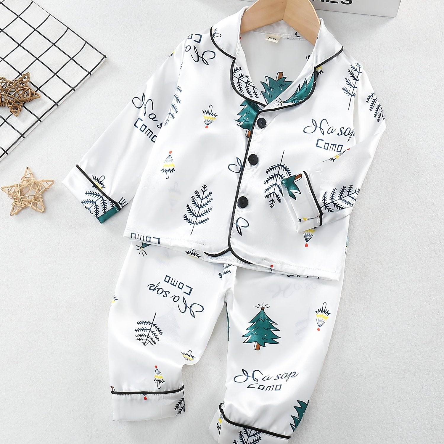 Girl's Satin Christmas Tree Pajama Set Button Front Top & Pants