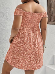 Ditsy Print Shirred Off Shoulder Mini Dress