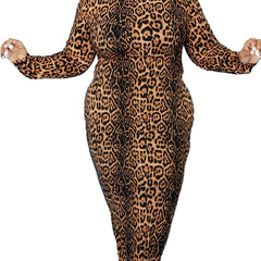 Women's Plus Leopard Print Long Sleeve Mock Neck Maxi Dress