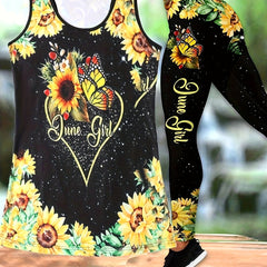 Sunflower Print Fitness Set Sleeveless Tank Top & Leggings Outfit