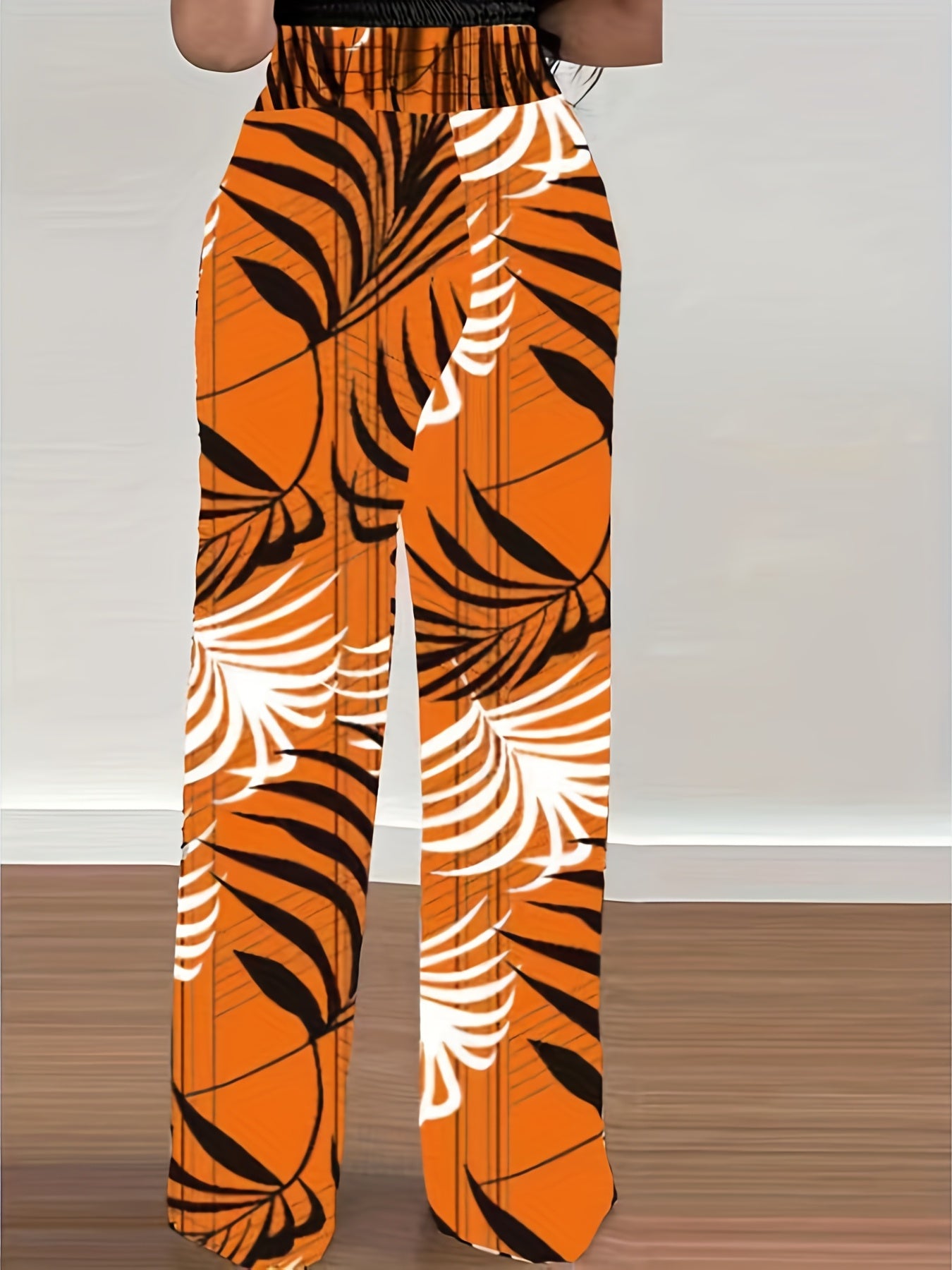 Plant Print Tie Waist Pants Wide Leg Long Length