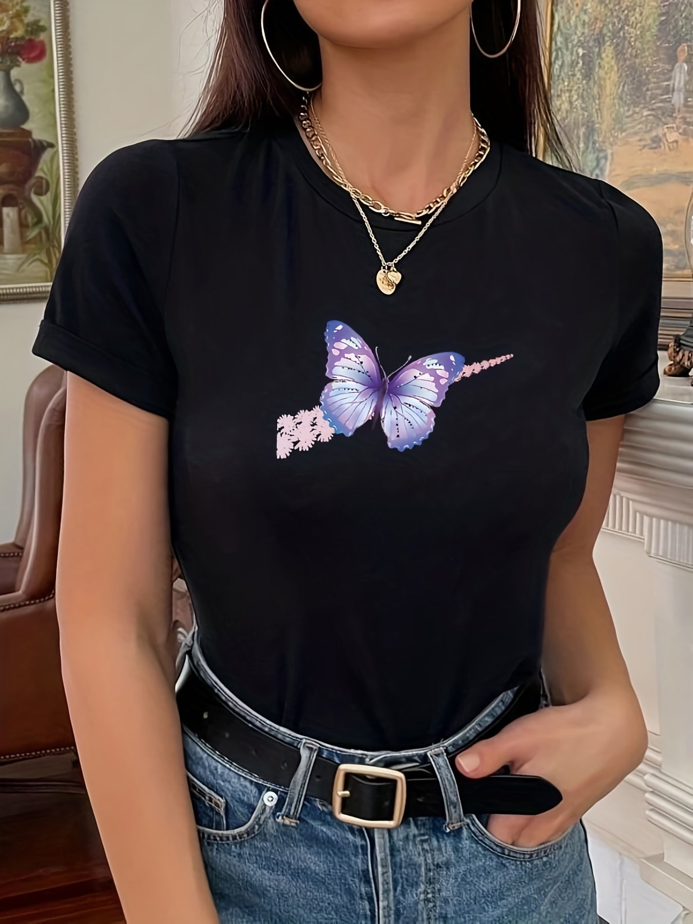 Butterfly Print T-shirt Short Sleeve Crew Neck Streetwear Summer Tee