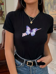 Butterfly Print T-shirt Short Sleeve Crew Neck Streetwear Summer Tee