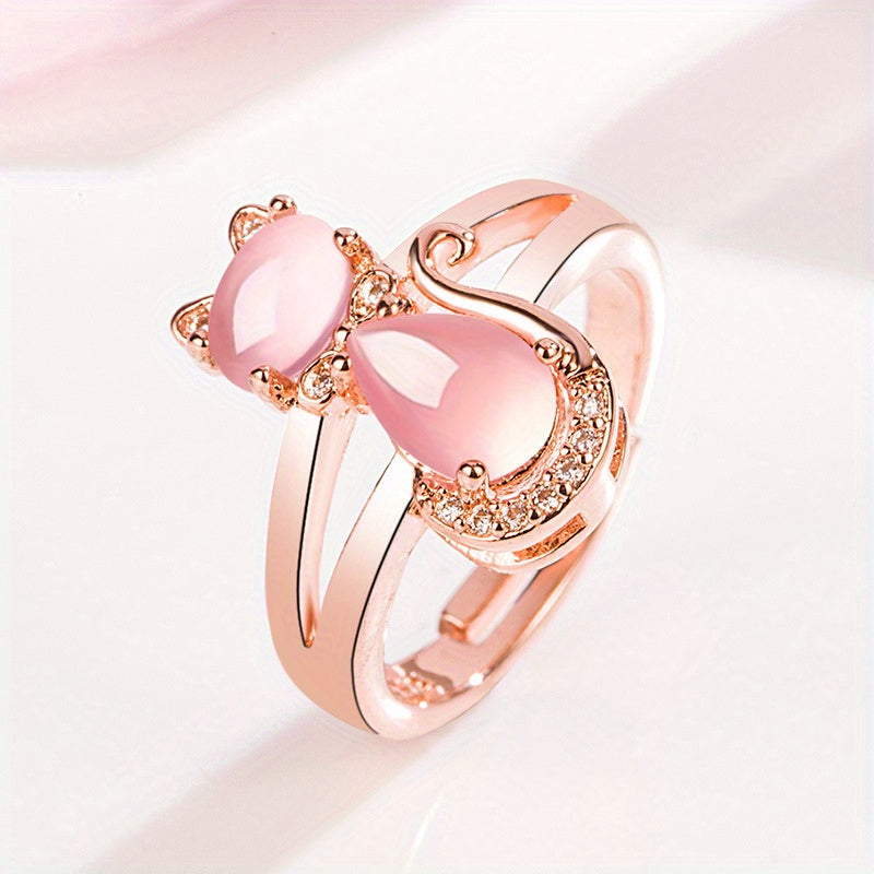 Rose Plated Quartz Pink Crystal Cat Pendant Necklace for Girls