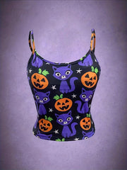 Cute Cat & Pumpkin Print Spaghetti Strap Top for Summer