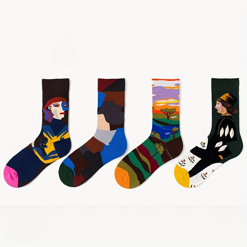 4 Pairs Portrait Print Socks Women's Mid Tube Stockings