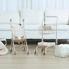 Floral Shopping Cart Toy with Storage Bags Foldable Dollhouse Grocery Cart