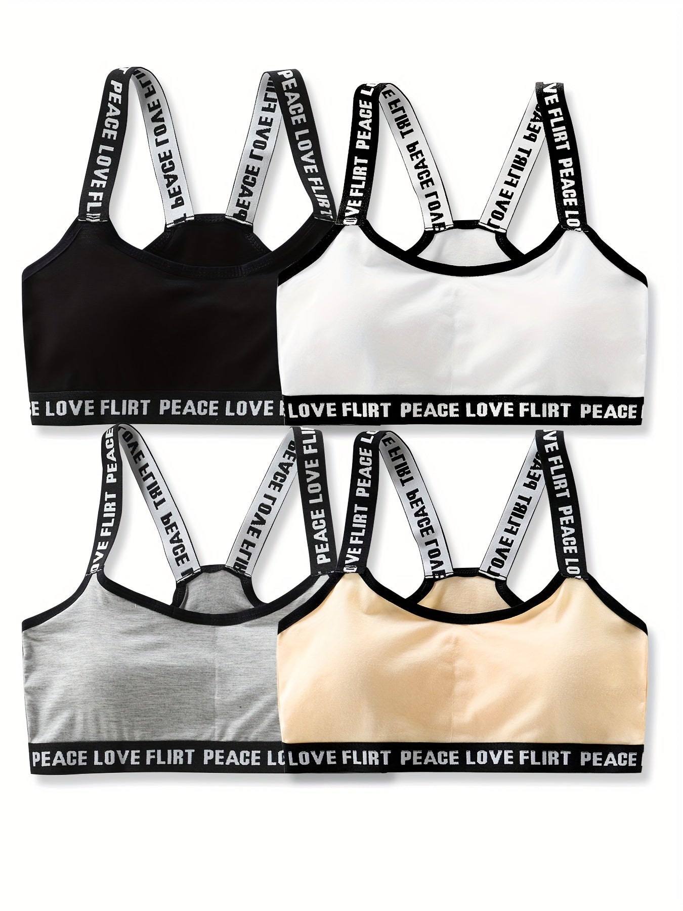 4pcs Girl's Sports Bra Letter Print Breathable Soft Bralette 7-14 Years Old