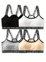 4pcs Girl's Sports Bra Letter Print Breathable Soft Bralette 7-14 Years Old