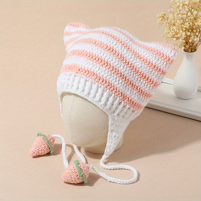 Y2K Stripe Crochet Beanie Cap Hip Hop Monster Cat Ears Knit Hat