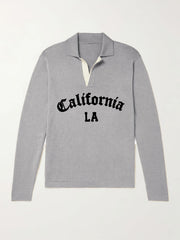 California LA City Print Knit Polo Shirt Men's Stretch V Neck Sweater
