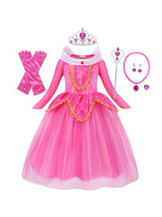 Girl's Princess Dress with Accessories Sets Sequin Decor Long Sleeve Mesh Dress