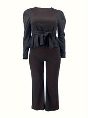 Solid Gigot Sleeve Peplum Top & Pants Set