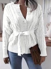 Solid Cable Long Sleeve Button Up Cardigan With Belt