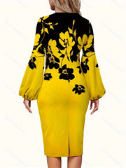 Floral Print Lantern Sleeve Round Neck Midi Dress Plus Size