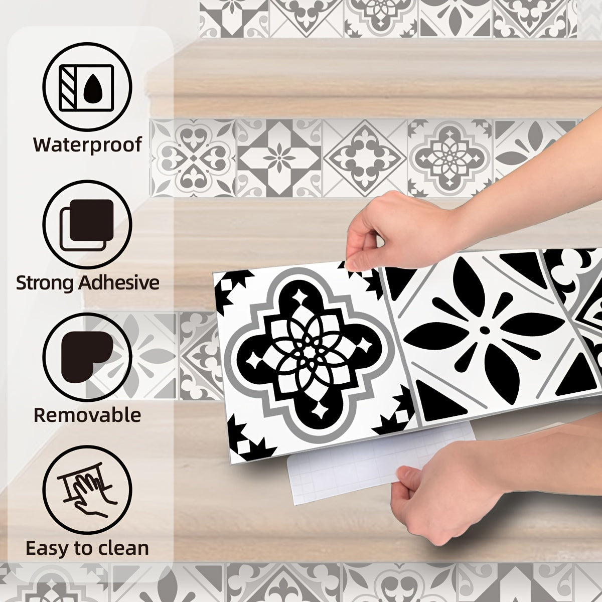 Watercolor Tile Print Staircase Sticker Self-Adhesive Waterproof Wall Decoration
