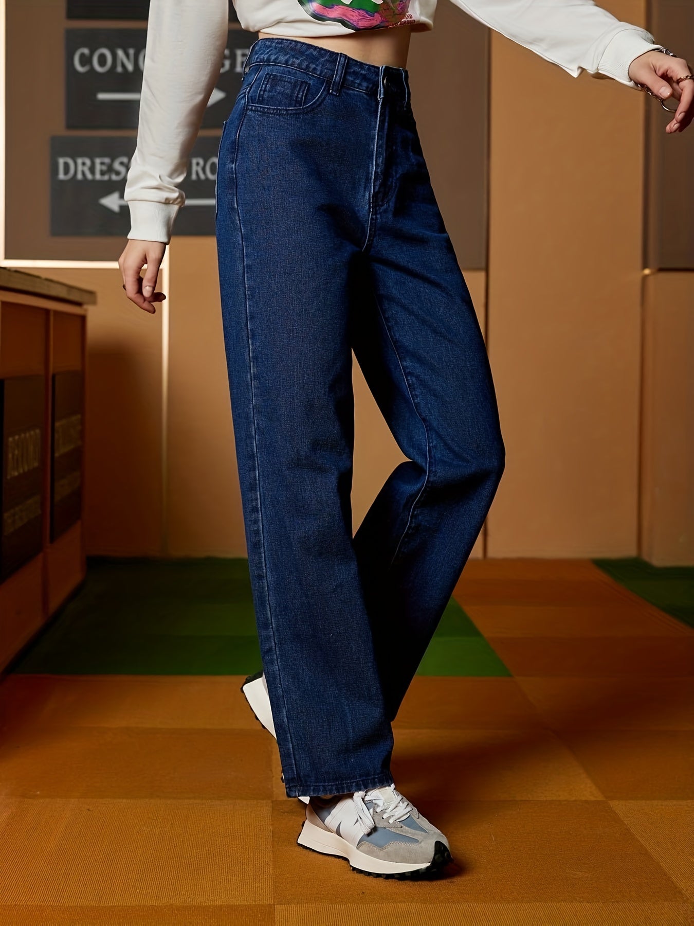 High Waist Straight Jeans Loose Fit High Rise Slash Pockets Denim Pants
